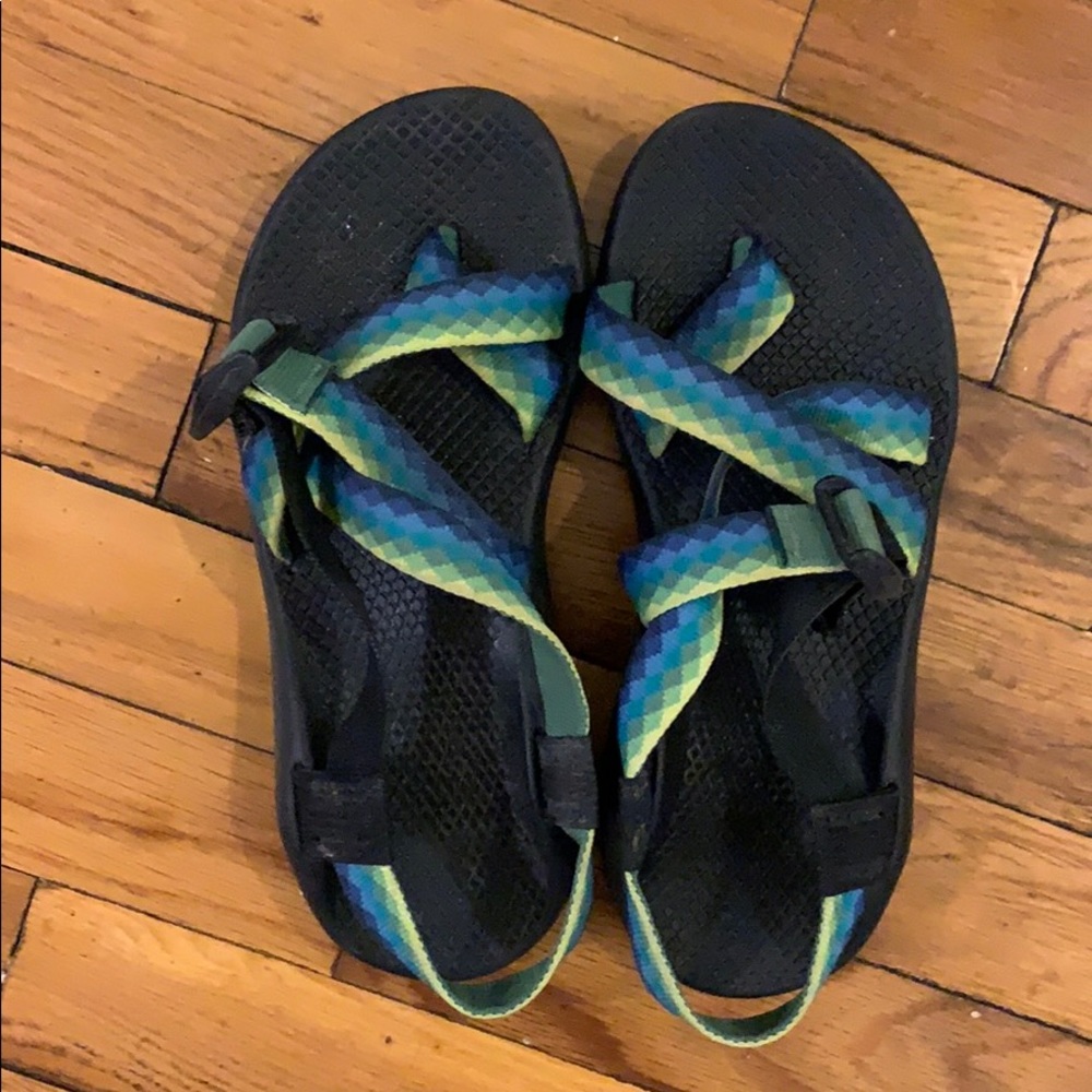 Blue and green Chacos